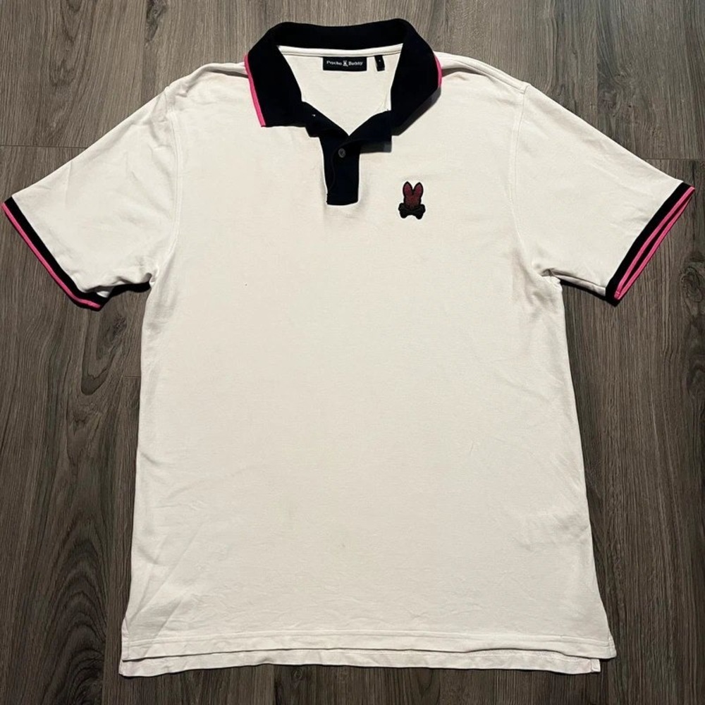 Psycho Bunny Men's XL Size 7 White Navy Pink Pima Cotton Polo